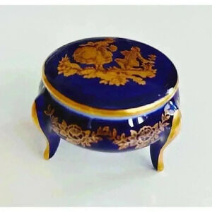 Vintage Limoges Porcelain Round Trinket Box in Blue and Gold Made in France